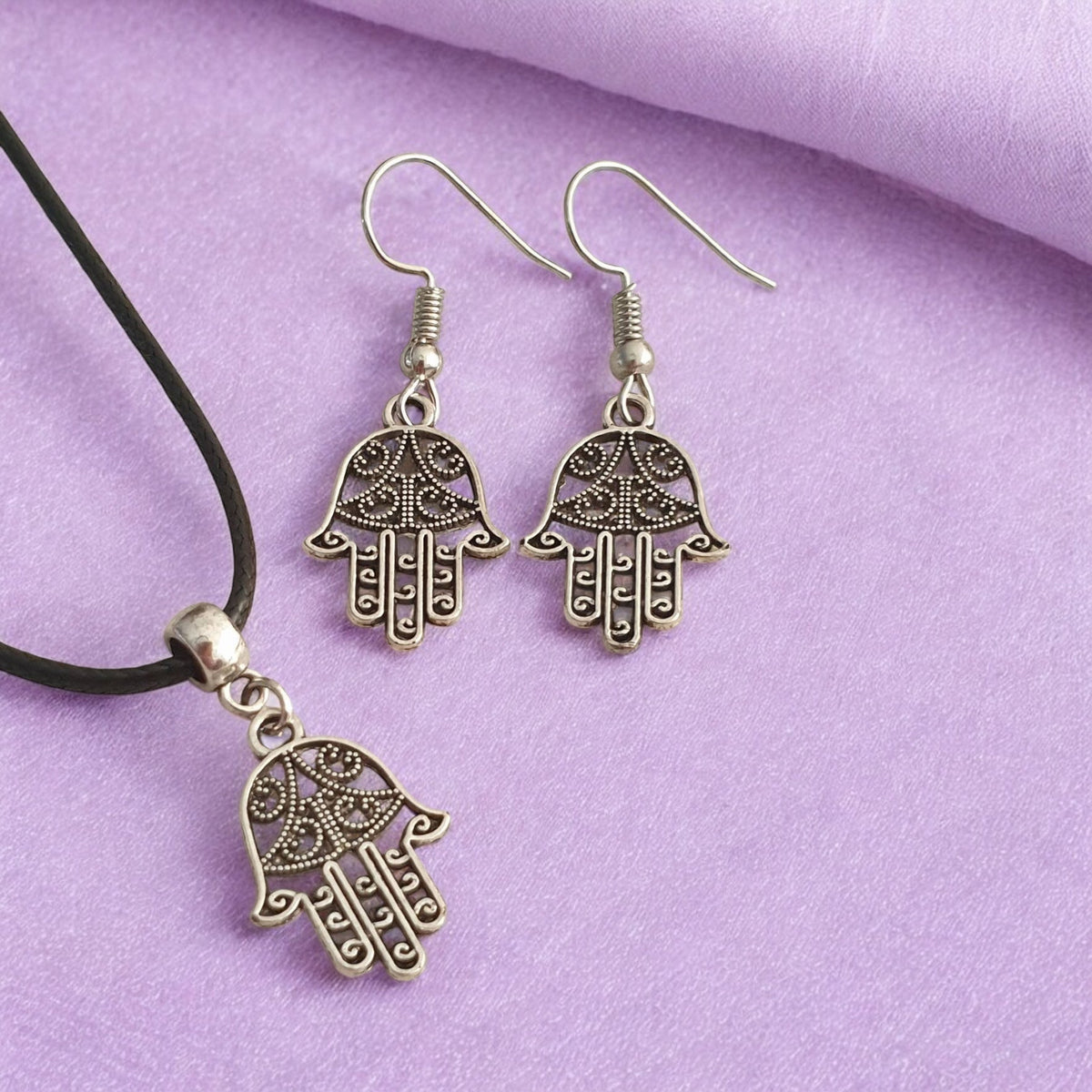 Hamsa Hand Charm Jewellery Set, Dangly Earring And Necklace Set In Gift Bag, Cord And Chain Option