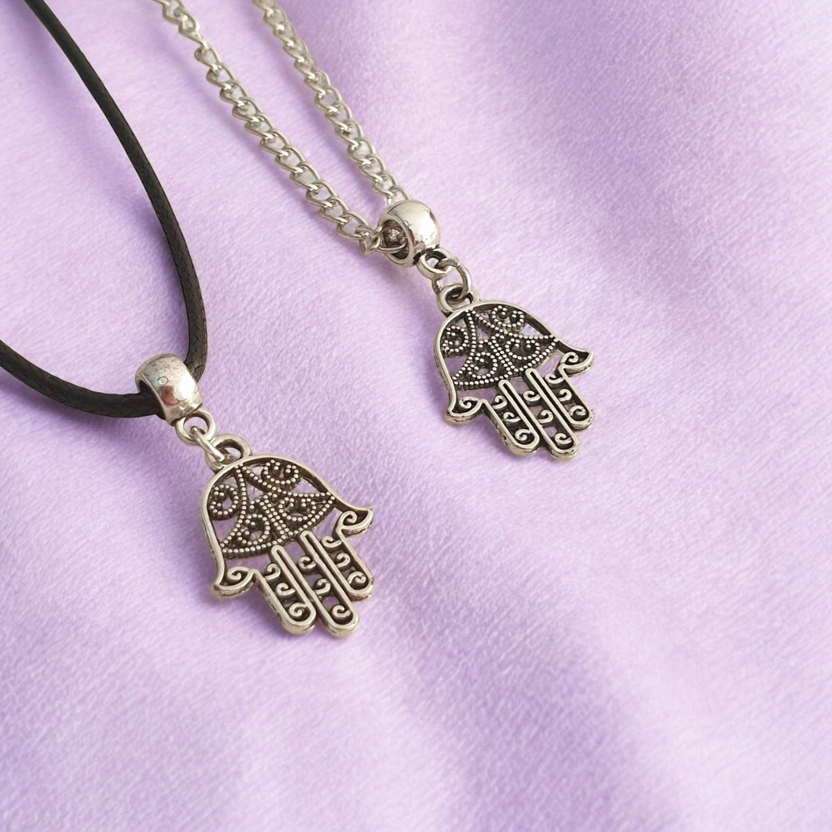 Hamsa Hand Charm Necklace Silver Plated Or Waxed Cord Variable Lengths, Gift Packaged