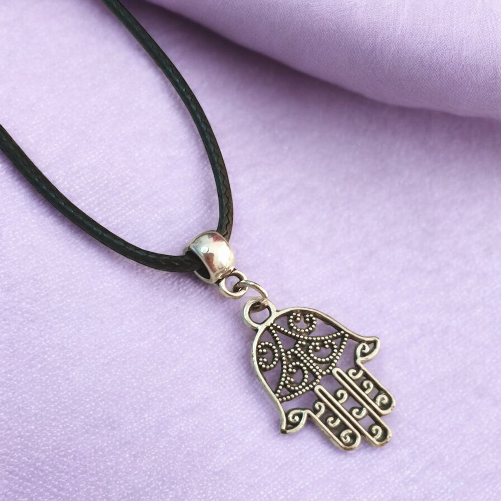 Hamsa Hand Charm Necklace Silver Plated Or Waxed Cord Variable Lengths, Gift Packaged