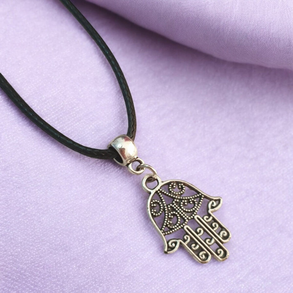 Hamsa Hand Charm Necklace Silver Plated Or Waxed Cord Variable Lengths, Gift Packaged