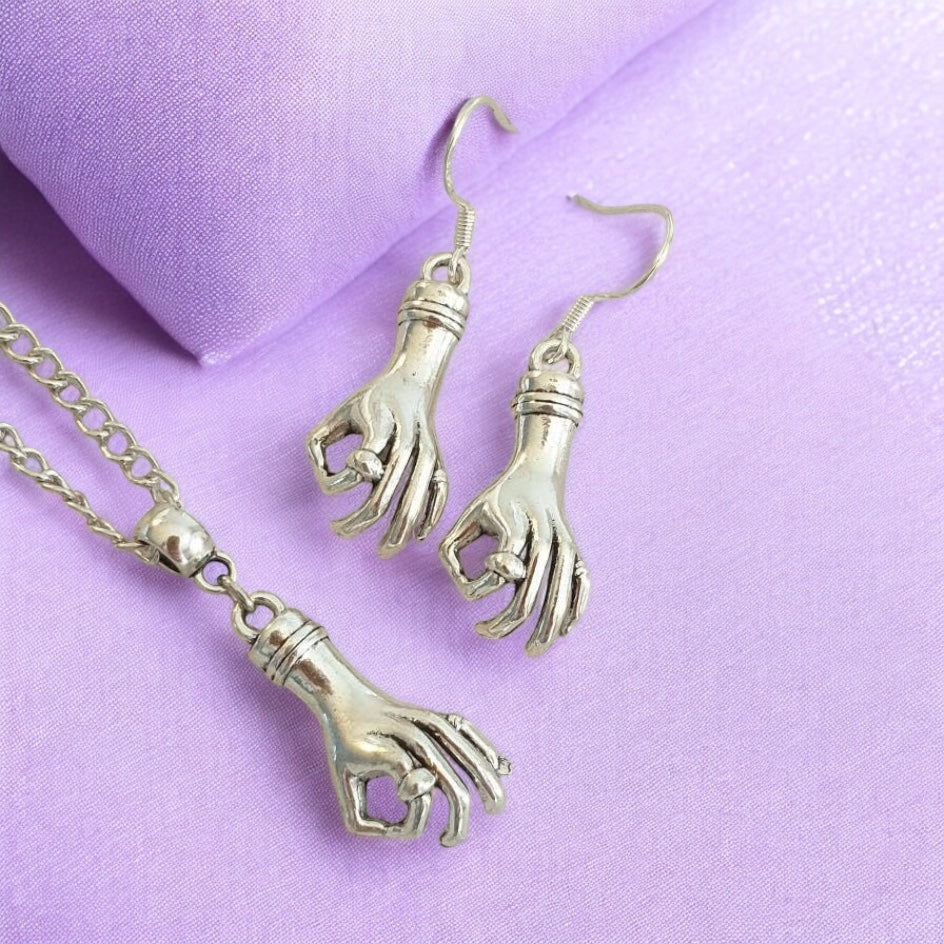 Hand Charm Jewellery Set, Dangly Earring And Necklace Set In Gift Bag, Cord Or Chain Option