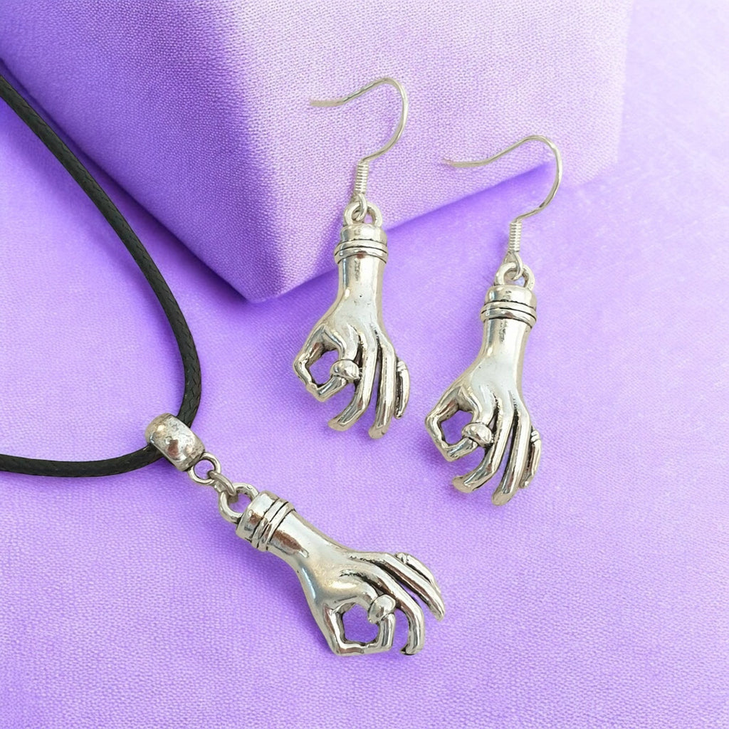 Hand Charm Jewellery Set, Dangly Earring And Necklace Set In Gift Bag, Cord Or Chain Option