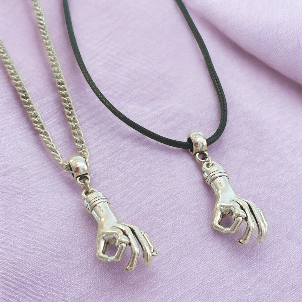 Hand Charm Necklace Silver Plated Or Waxed Cord Variable Lengths, Gift Packaged, Wednesday Inspired, Thing Hand