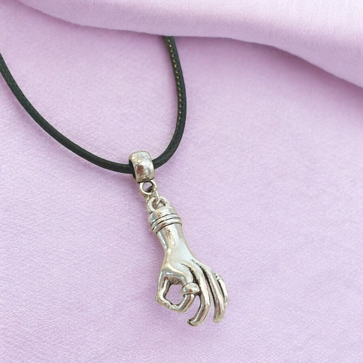 Hand Charm Necklace Silver Plated Or Waxed Cord Variable Lengths, Gift Packaged, Wednesday Inspired, Thing Hand