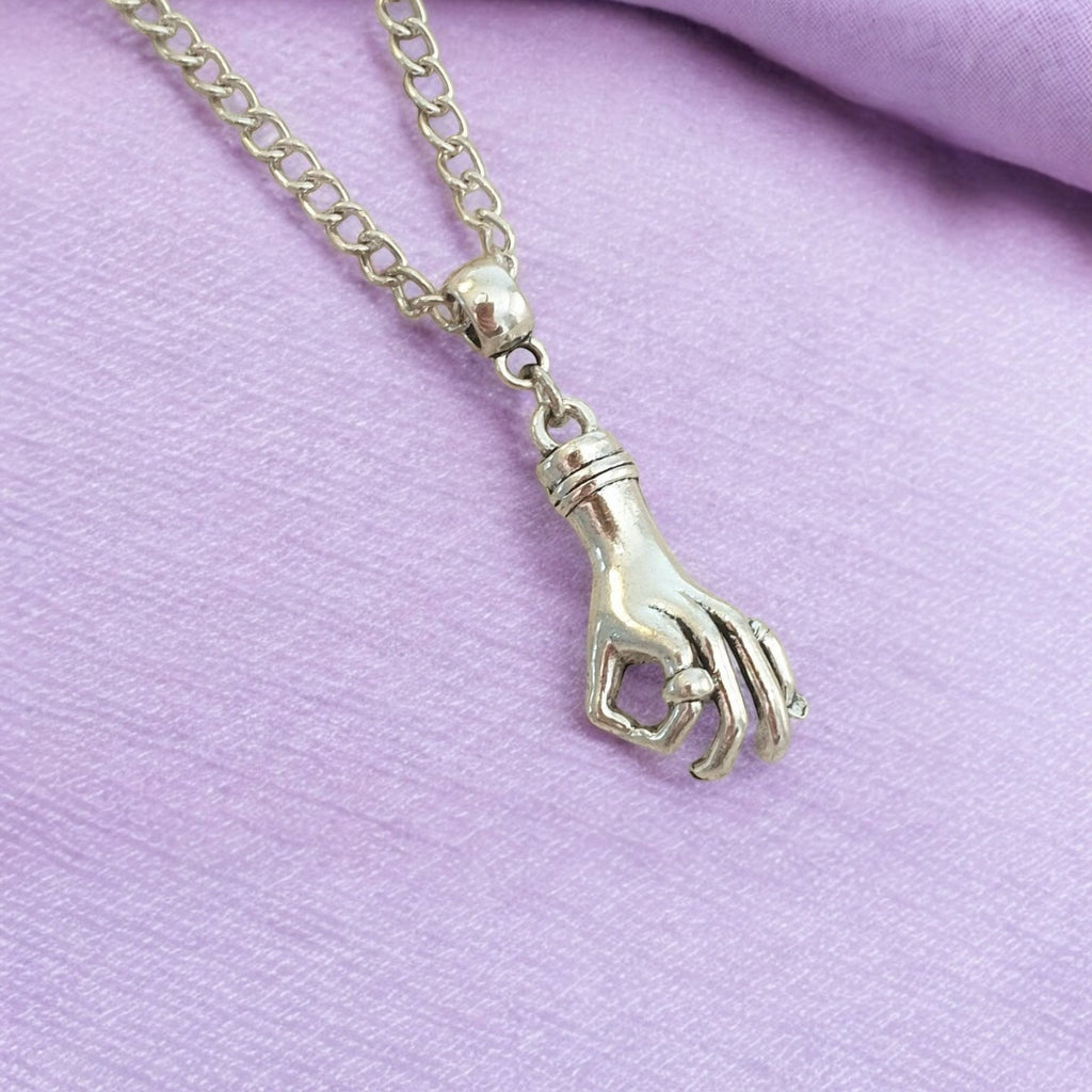 Hand Charm Necklace Silver Plated Or Waxed Cord Variable Lengths, Gift Packaged, Wednesday Inspired, Thing Hand