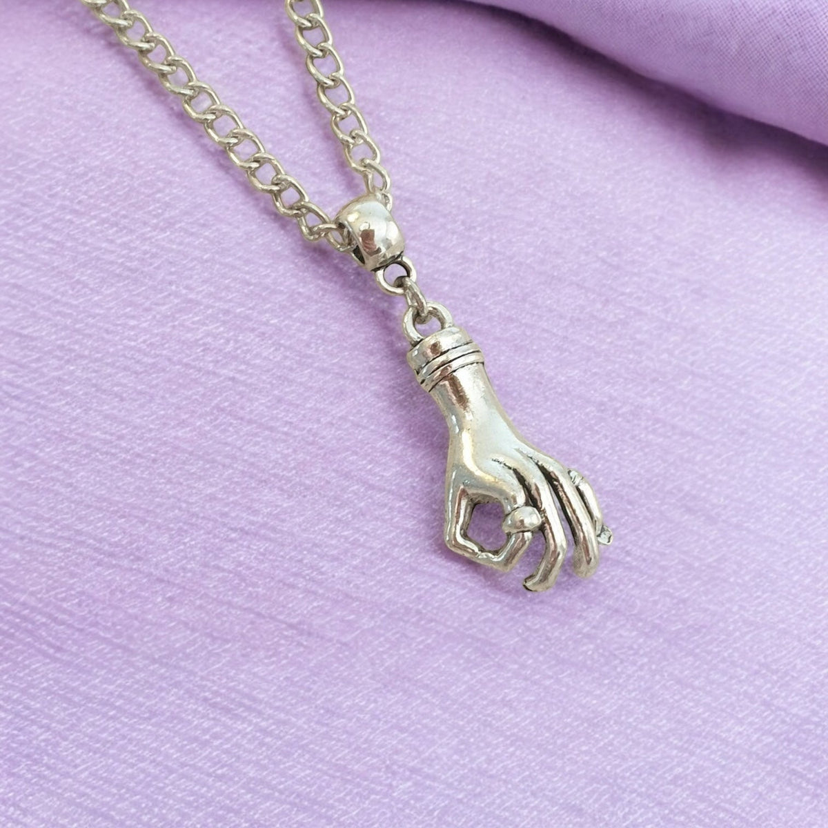 Hand Charm Necklace Silver Plated Or Waxed Cord Variable Lengths, Gift Packaged, Wednesday Inspired, Thing Hand