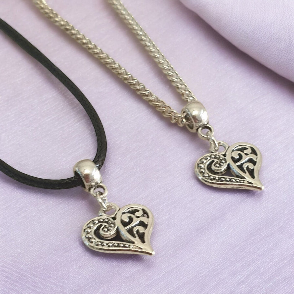 Heart Charm Necklace Silver Plated Or Waxed Cord Variable Lengths, Gift Packaged