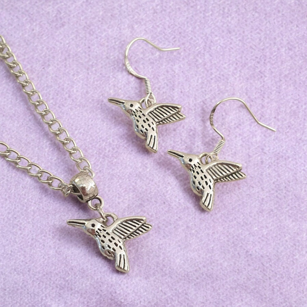 Humming Bird Charm Jewellery Set, Dangly Earring And Necklace Set In Gift Bag, Cord Or Chain Options