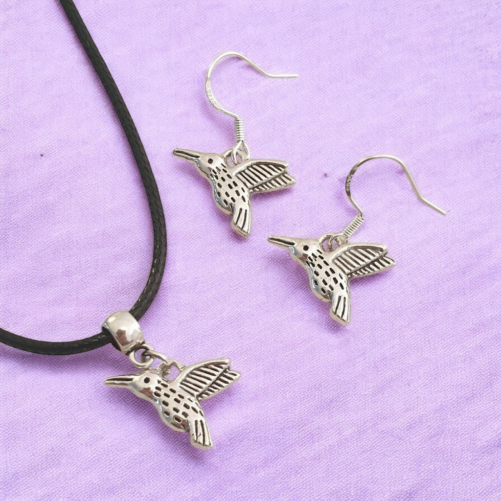 Humming Bird Charm Jewellery Set, Dangly Earring And Necklace Set In Gift Bag, Cord Or Chain Options
