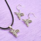Humming Bird Charm Jewellery Set, Dangly Earring And Necklace Set In Gift Bag, Cord Or Chain Options