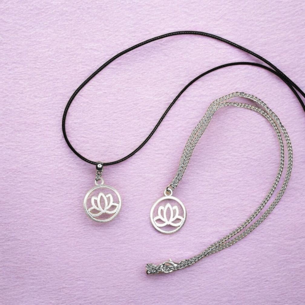 Lotus Charm Necklace Silver Plated Or Waxed Cord Variable Lengths, Gift Packaged