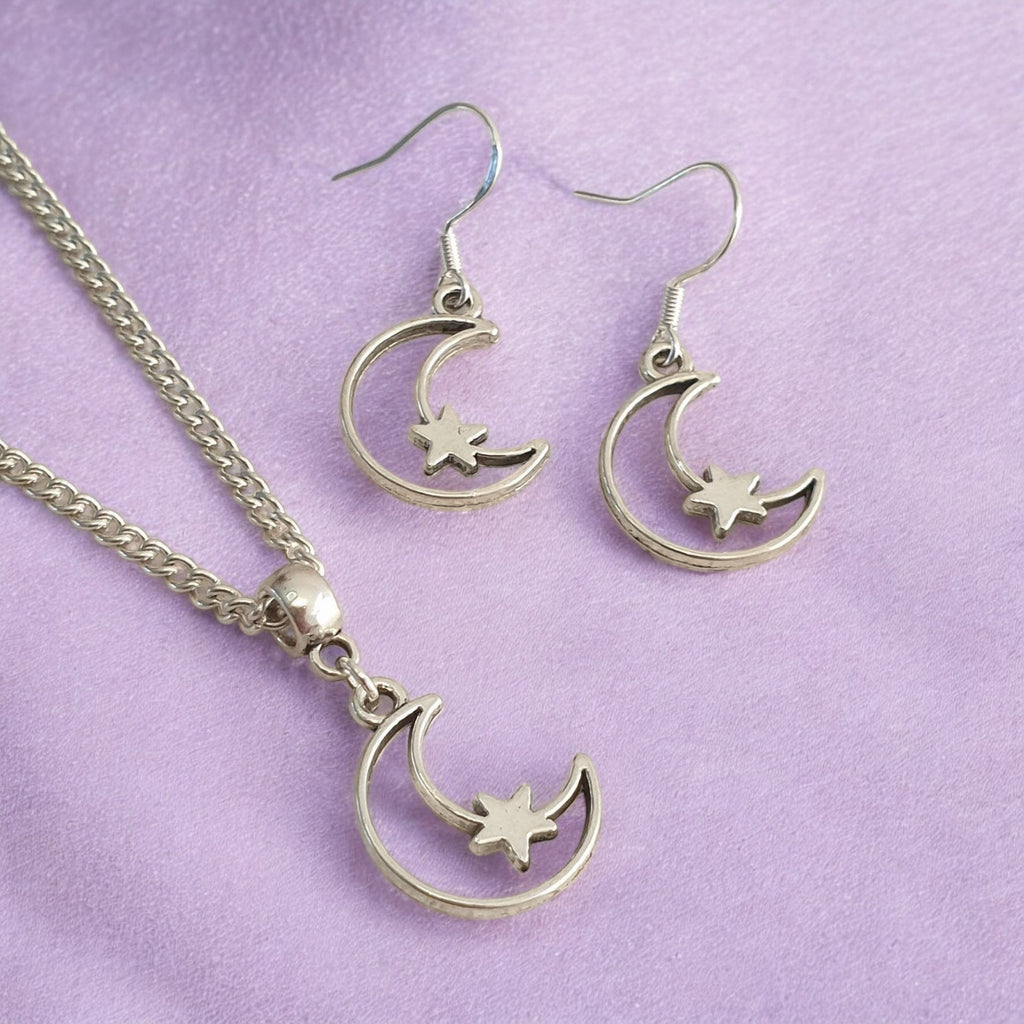 Moon & Star Charm Jewellery Set, Dangly Earring And Necklace Set In Gift Bag, Cord And Chain Options