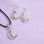 Moon & Star Charm Jewellery Set, Dangly Earring And Necklace Set In Gift Bag, Cord And Chain Options