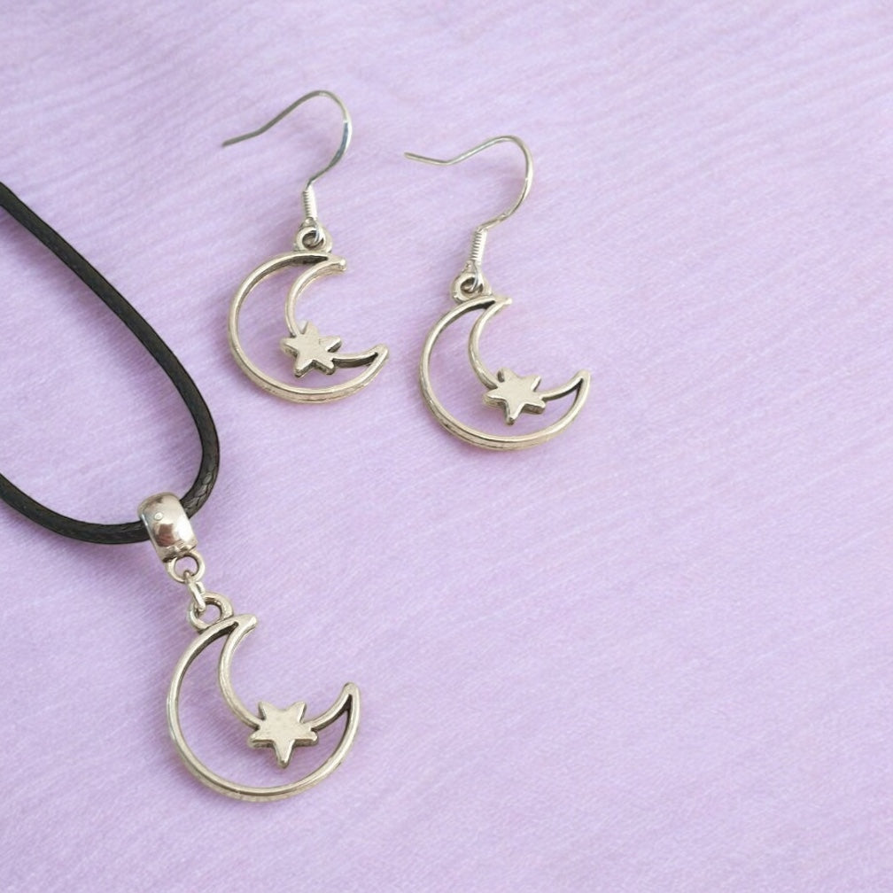 Moon & Star Charm Jewellery Set, Dangly Earring And Necklace Set In Gift Bag, Cord And Chain Options