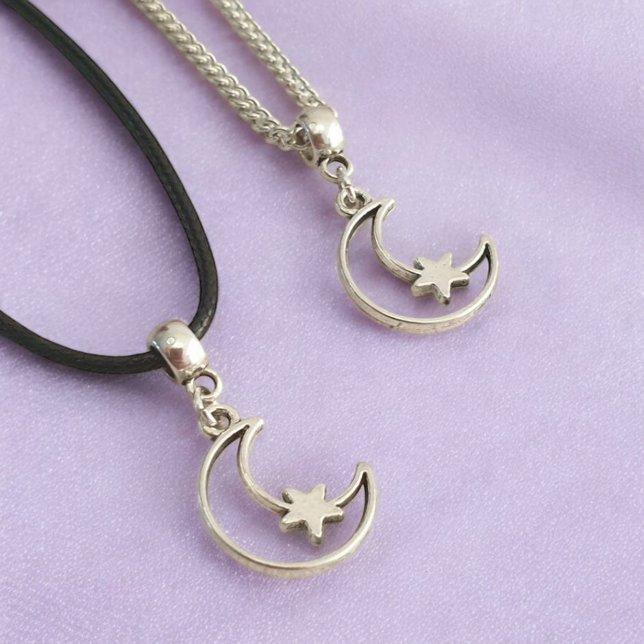 Moon & Star Charm Necklace Silver Plated Or Waxed Cord Variable Lengths, Gift Packaged