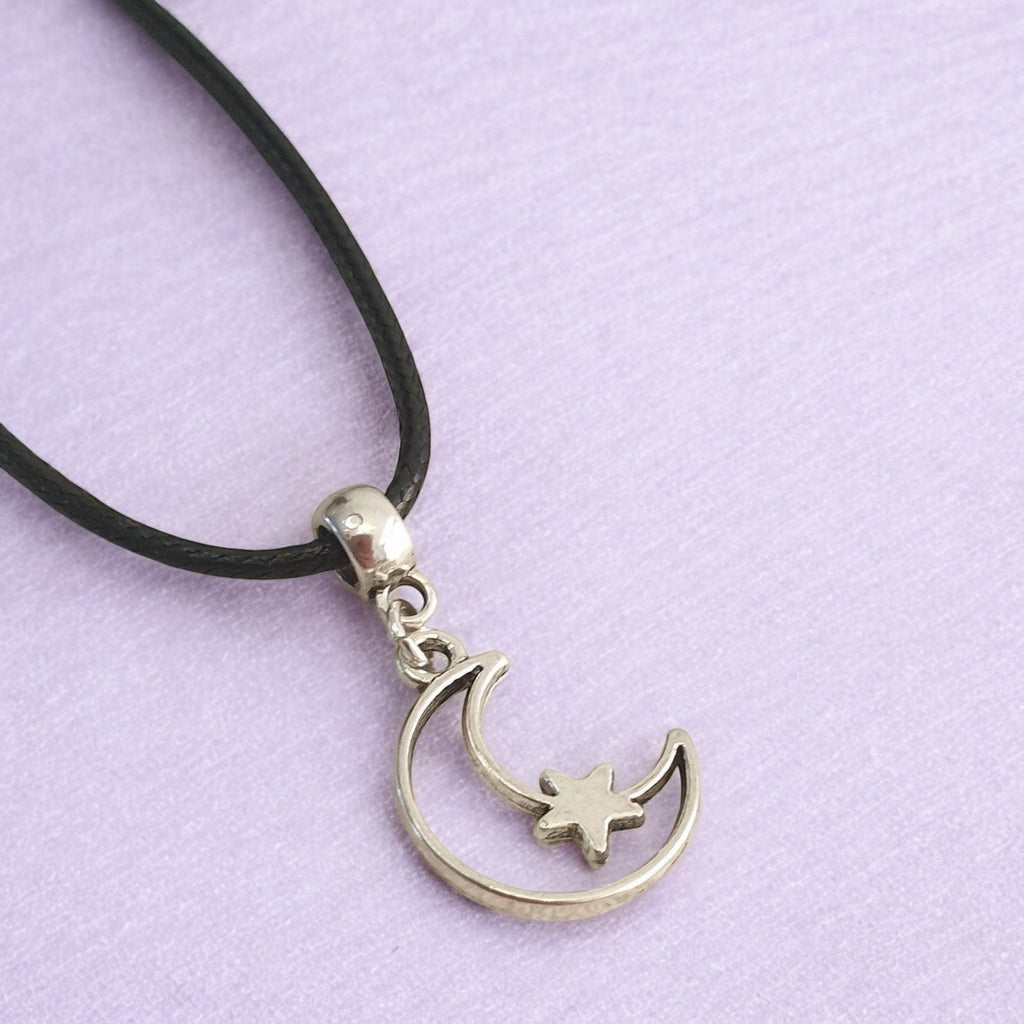 Moon & Star Charm Necklace Silver Plated Or Waxed Cord Variable Lengths, Gift Packaged