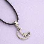 Moon & Star Charm Necklace Silver Plated Or Waxed Cord Variable Lengths, Gift Packaged