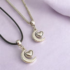 Moon And Heart Charm Necklace Silver Plated Or Waxed Cord Variable Lengths, Gift Packaged