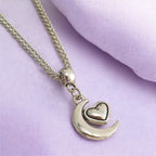 Moon And Heart Charm Necklace Silver Plated Or Waxed Cord Variable Lengths, Gift Packaged