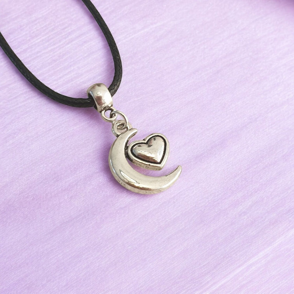 Moon And Heart Charm Necklace Silver Plated Or Waxed Cord Variable Lengths, Gift Packaged