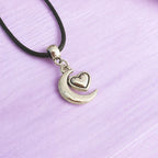 Moon And Heart Charm Necklace Silver Plated Or Waxed Cord Variable Lengths, Gift Packaged