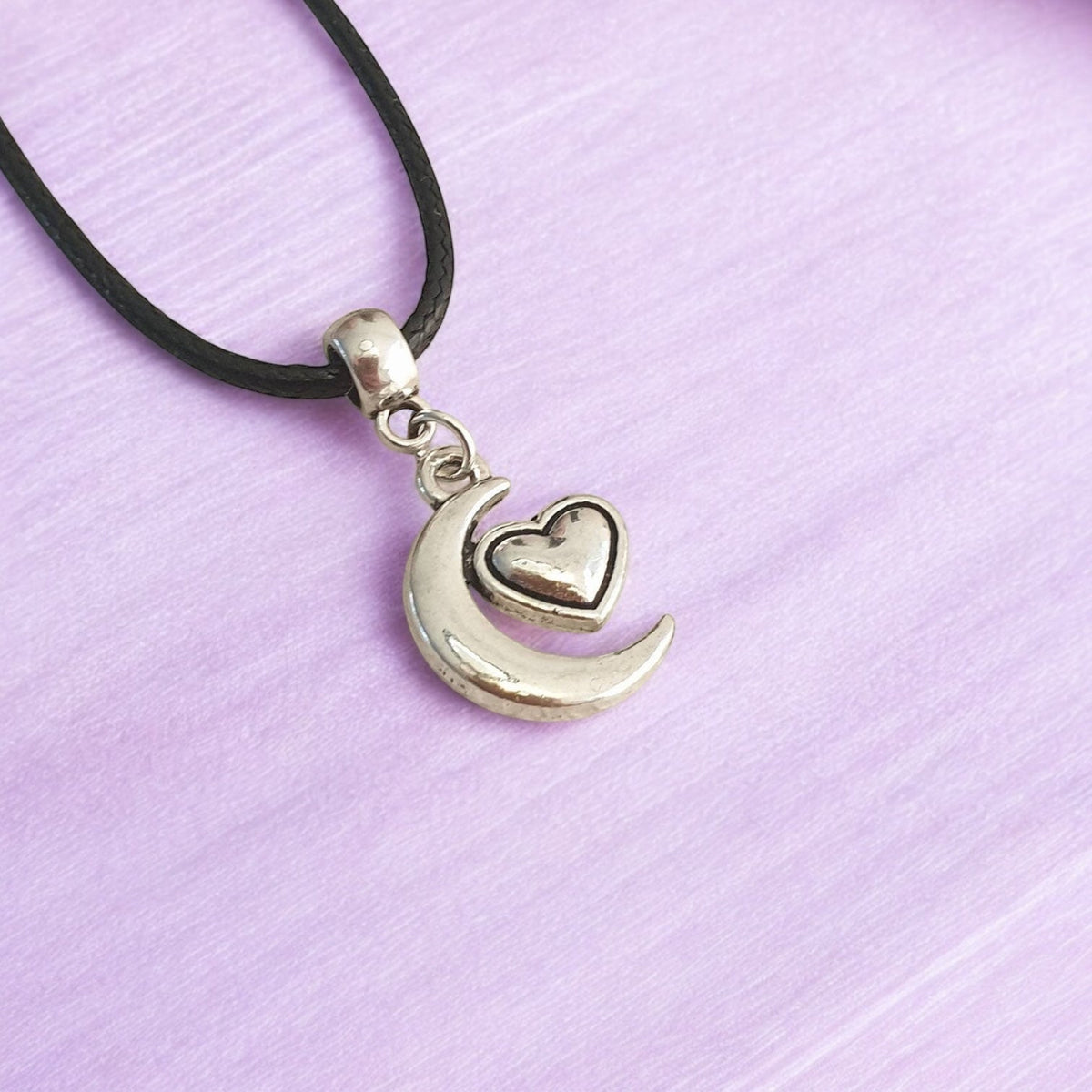 Moon And Heart Charm Necklace Silver Plated Or Waxed Cord Variable Lengths, Gift Packaged