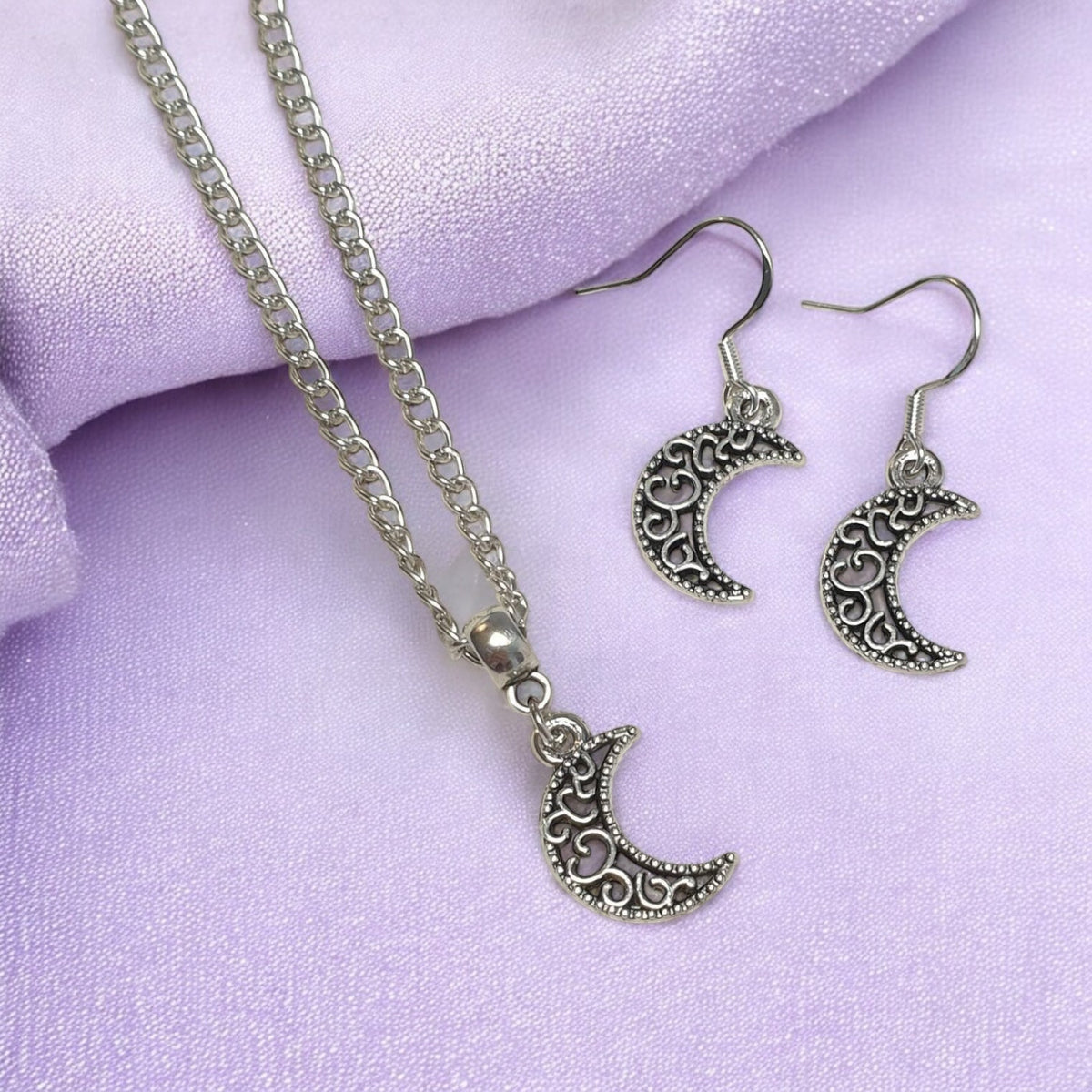 Moon Charm Jewellery Set, Dangly Earring And Necklace Set In Gift Bag, Cord Or Chain Options
