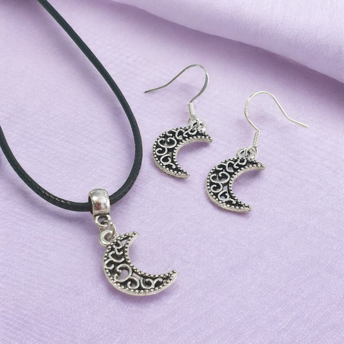 Moon Charm Jewellery Set, Dangly Earring And Necklace Set In Gift Bag, Cord Or Chain Options