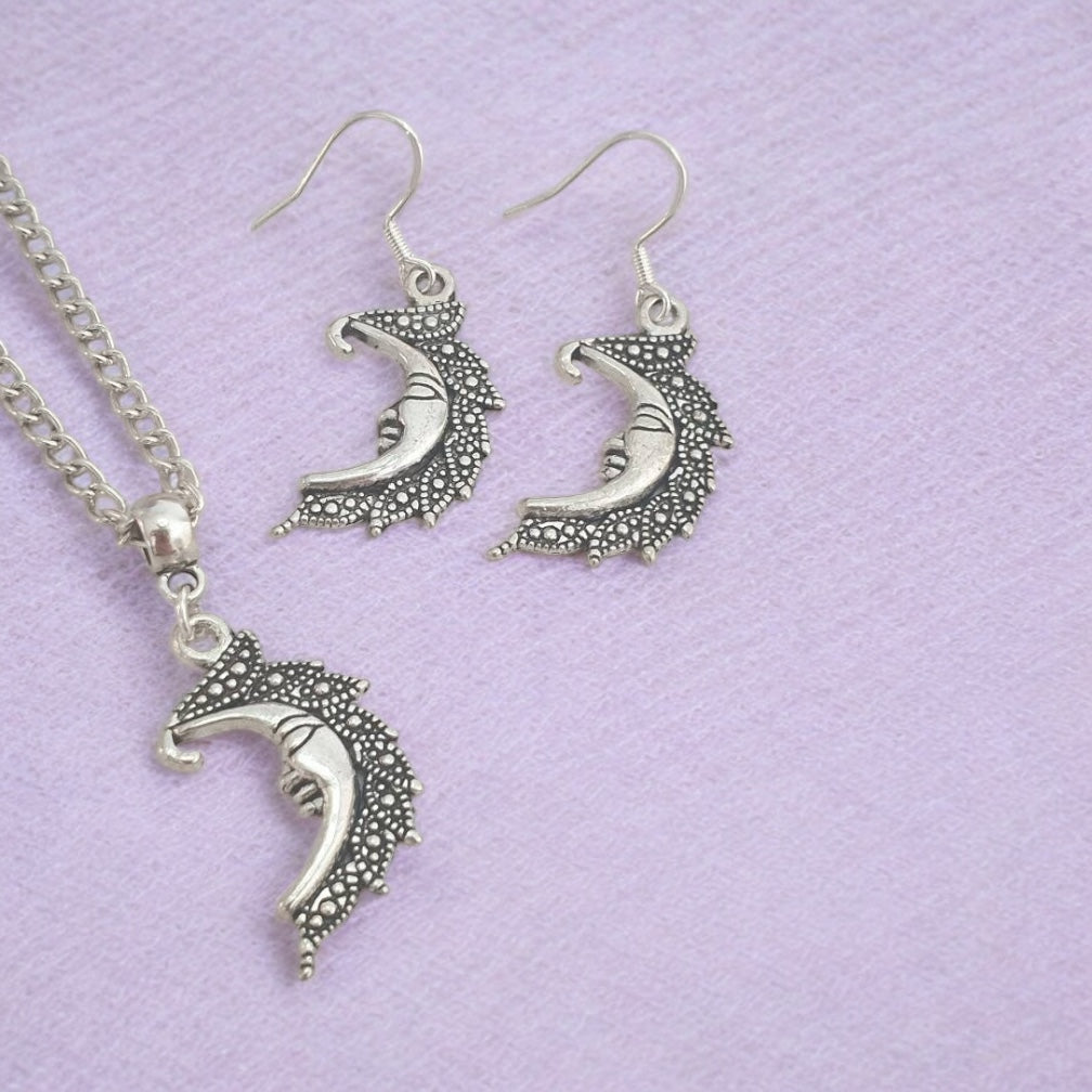 Moon Charm Jewellery Set, Dangly Earrings And Necklace Set In Gift Bag