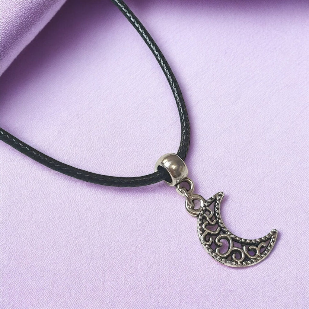 Moon Charm Necklace Silver Plated Or Waxed Cord Variable Lengths, Gift Packaged