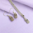 Owl Charm Jewellery Set, Dangly Earring And Necklace Set In Gift Bag, Cord Or Chain Options