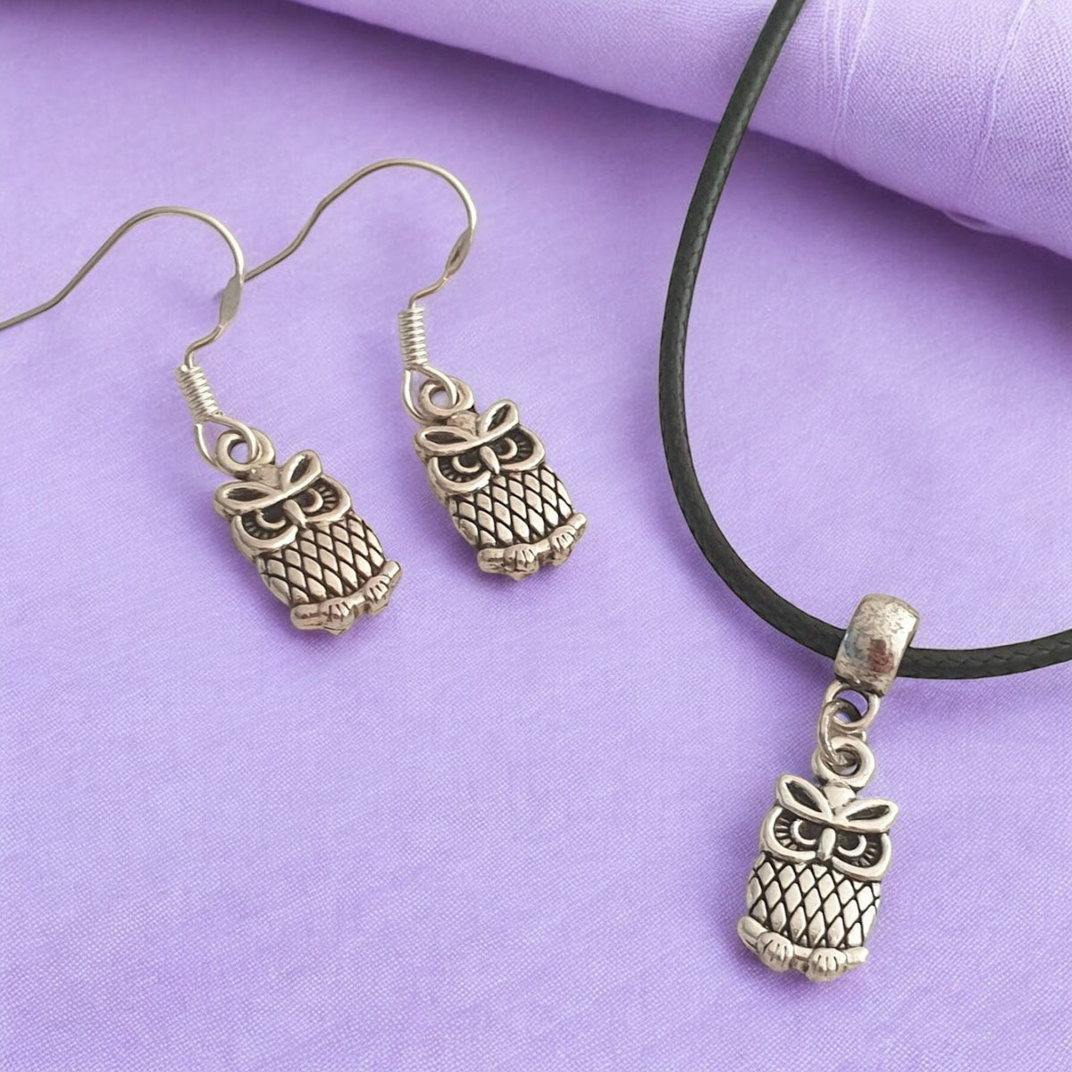 Owl Charm Jewellery Set, Dangly Earring And Necklace Set In Gift Bag, Cord Or Chain Options