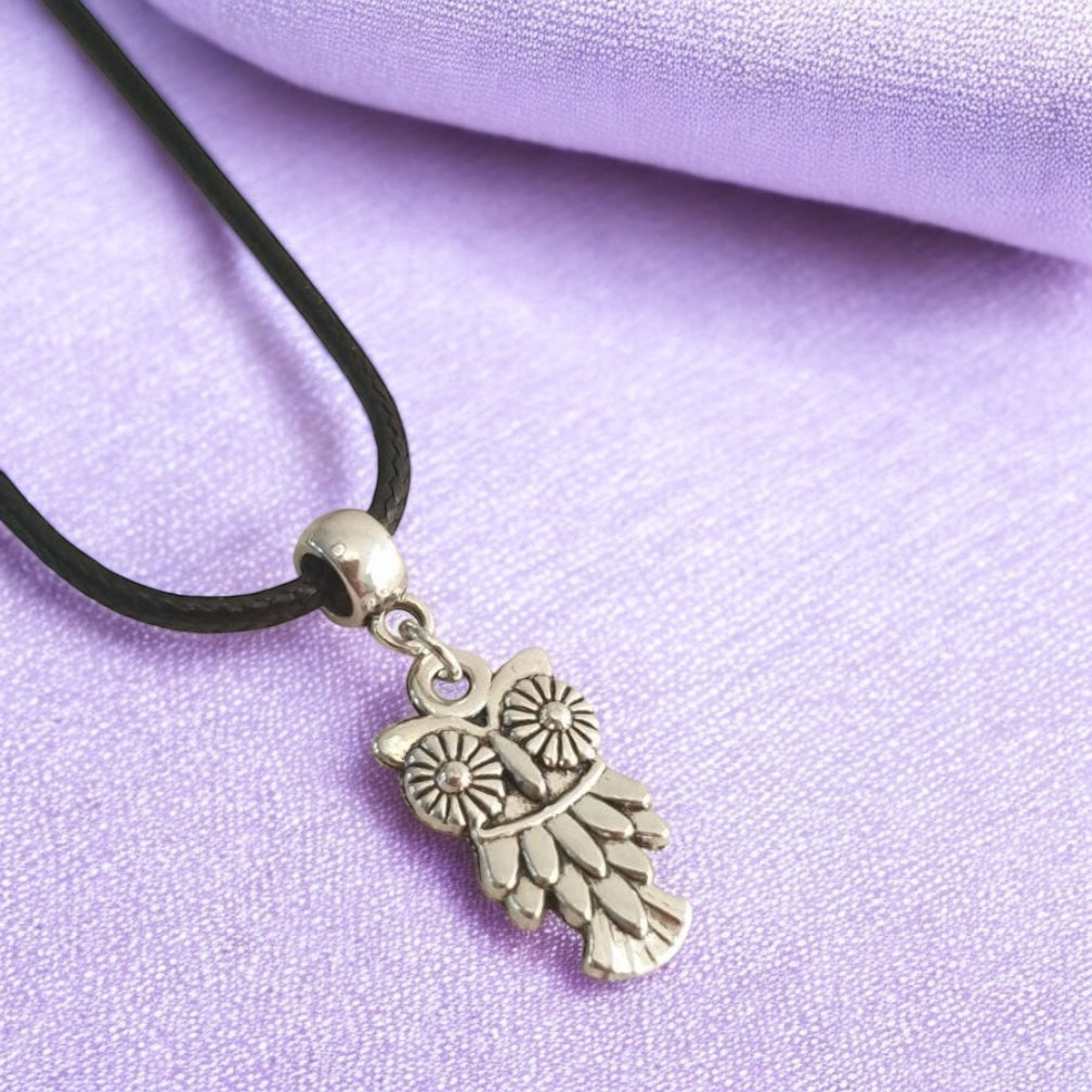 Owl Charm Necklace Silver Plated Or Waxed Cord Variable Lengths, Gift Packaged