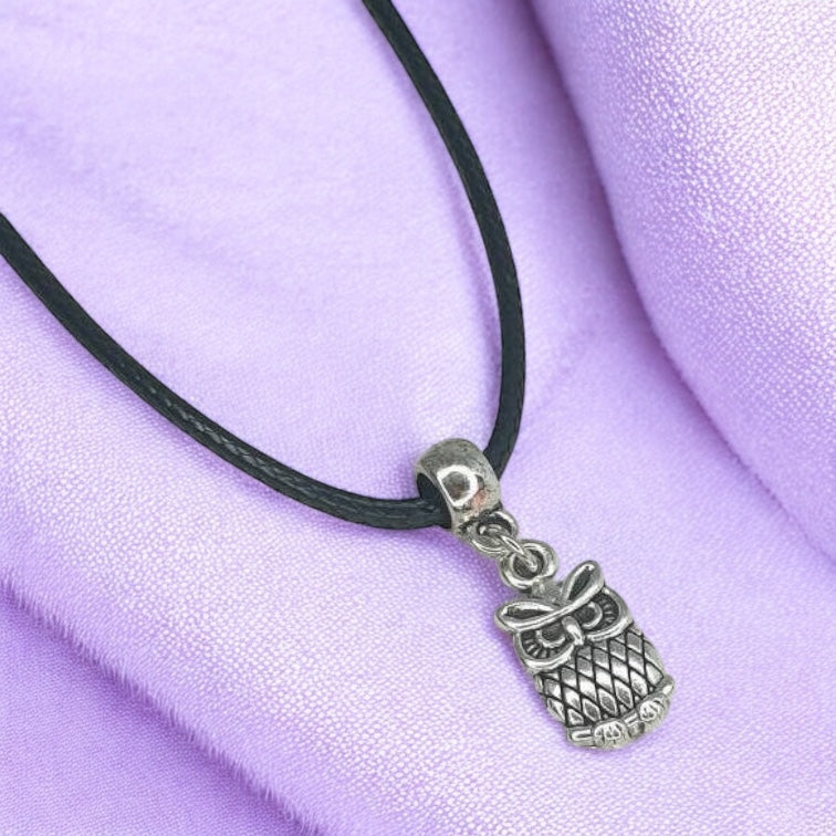 Owl Charm Necklace Silver Plated Or Waxed Cord Variable Lengths, Gift Packaged
