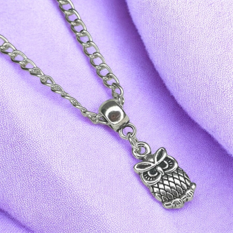 Owl Charm Necklace Silver Plated Or Waxed Cord Variable Lengths, Gift Packaged