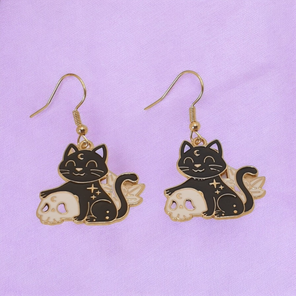 Black Cat And Skull Earrings