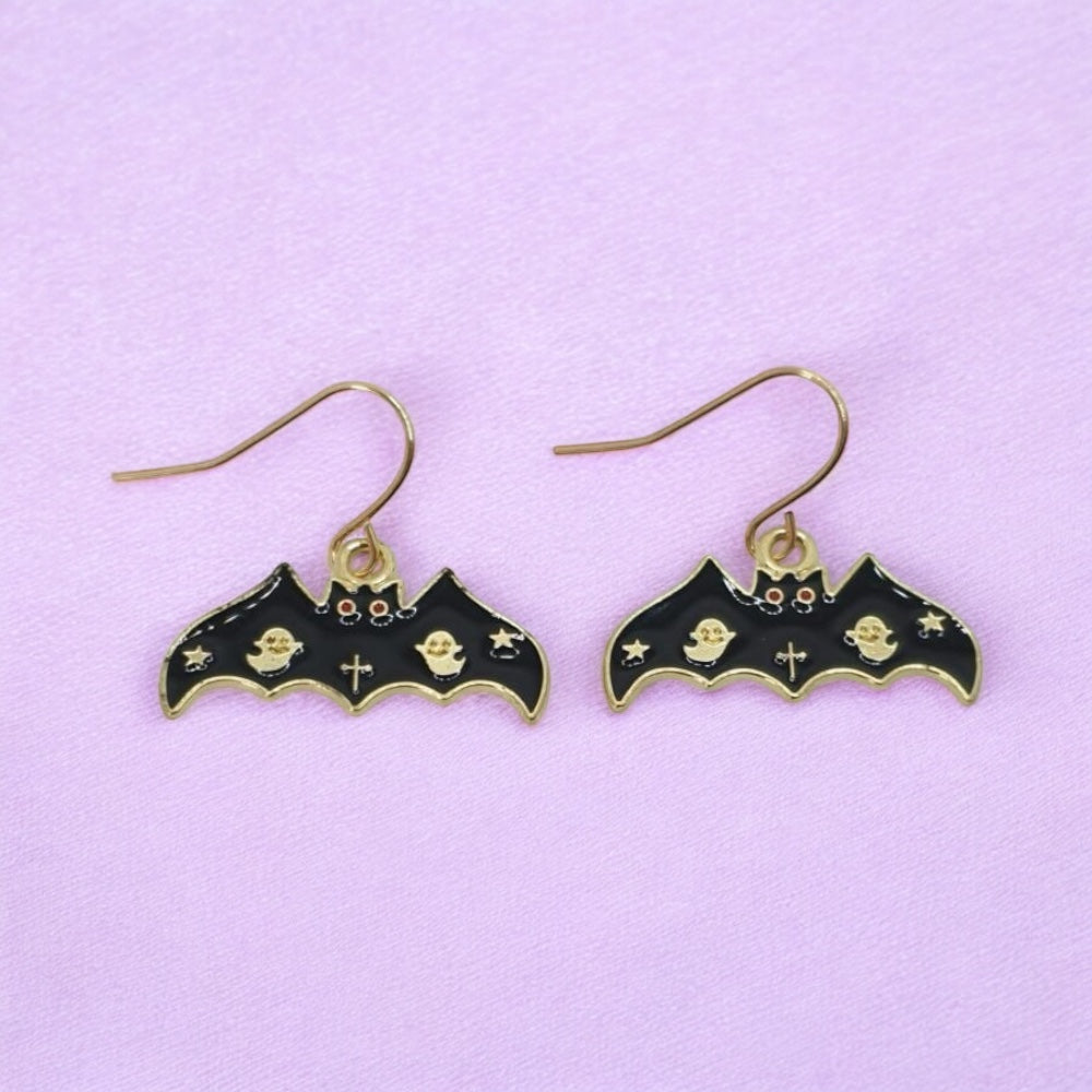 Black Enamel Bat Dangly Earrings