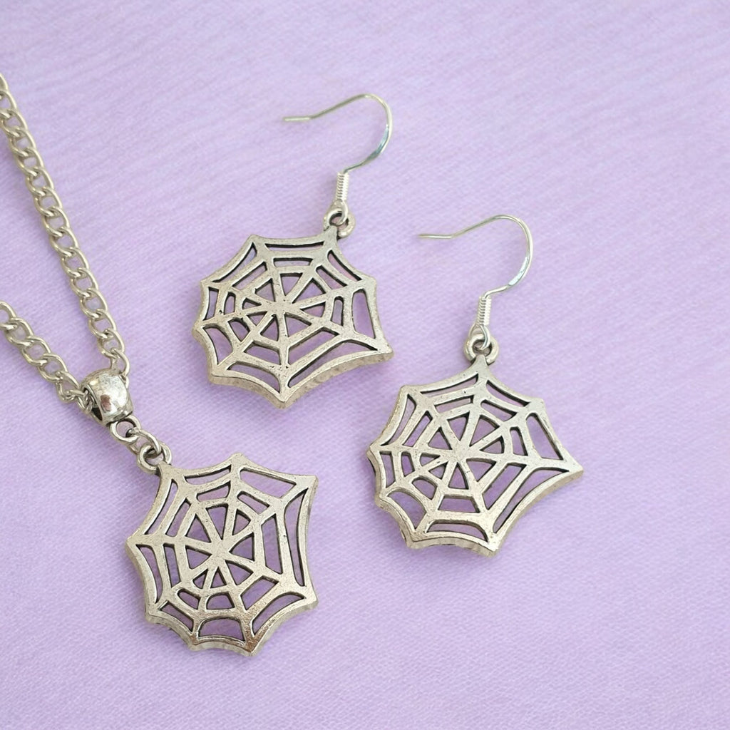Cobweb Spider Web Charm Jewellery Set, Dangly Earring And Necklace Set In Gift Bag, Cord And Chain Option, Spooky