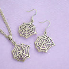 Cobweb Spider Web Charm Jewellery Set, Dangly Earring And Necklace Set In Gift Bag, Cord And Chain Option, Spooky