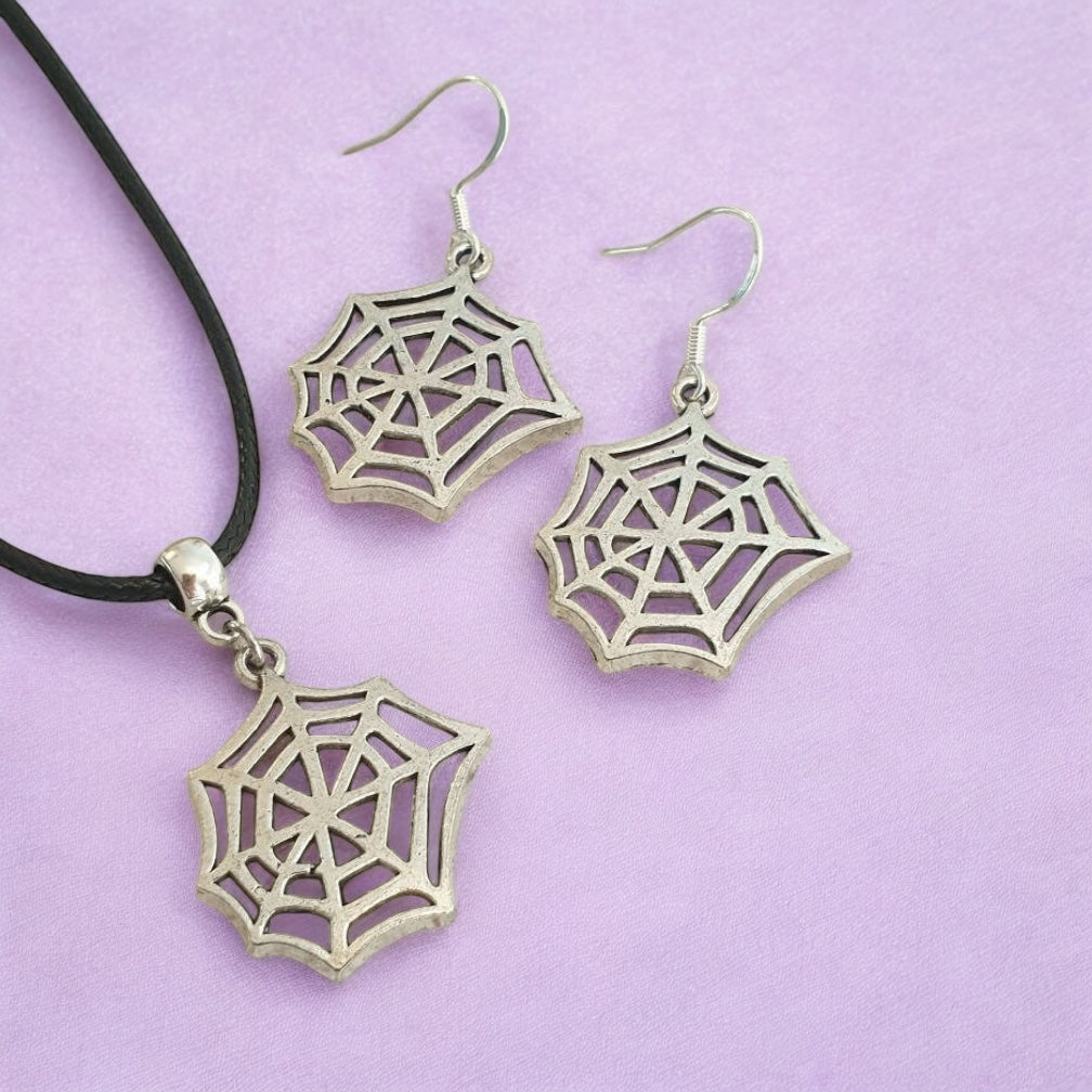 Cobweb Spider Web Charm Jewellery Set, Dangly Earring And Necklace Set In Gift Bag, Cord And Chain Option, Spooky