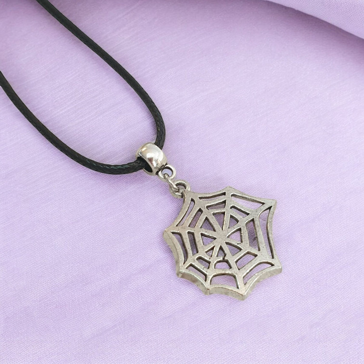 Cobweb Spider Web Charm Necklace Silver Plated Or Waxed Cord Variable Lengths, Gift Packaged, Spooky Halloween Gift
