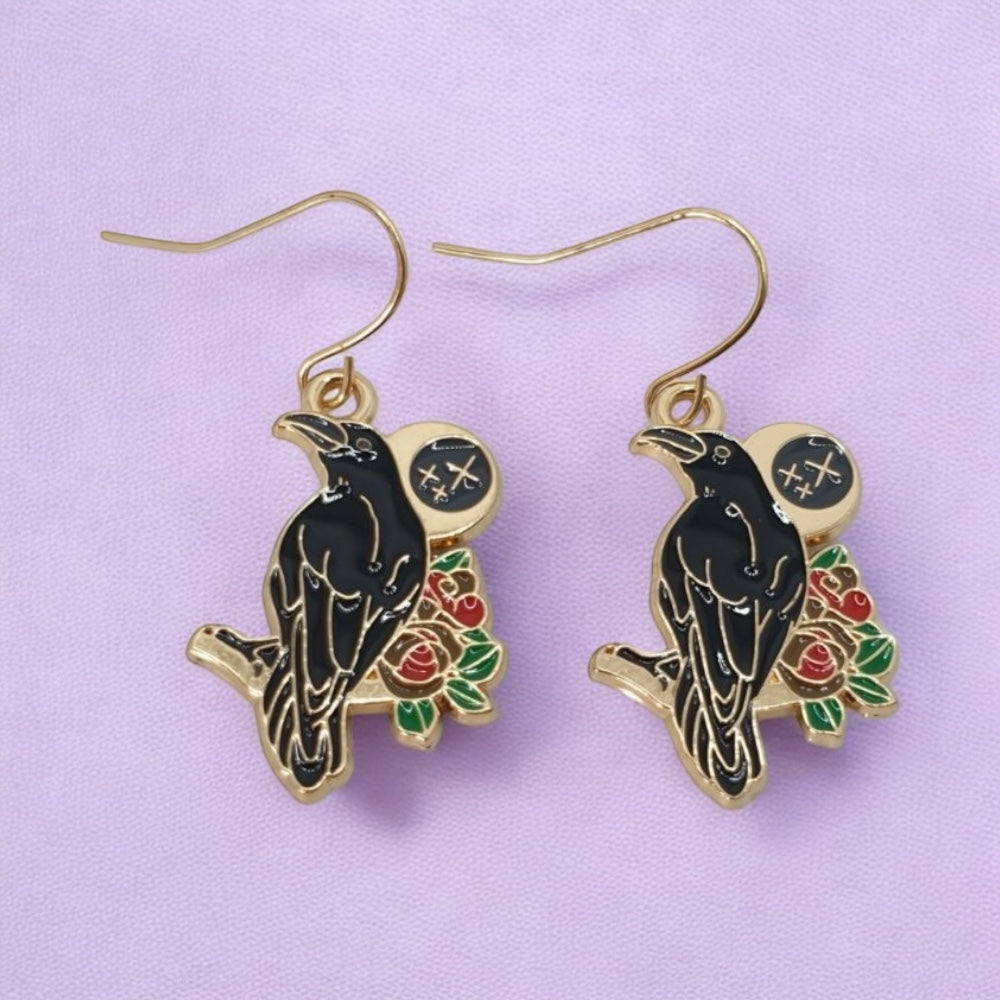 Enamel Raven Dangly Earrings