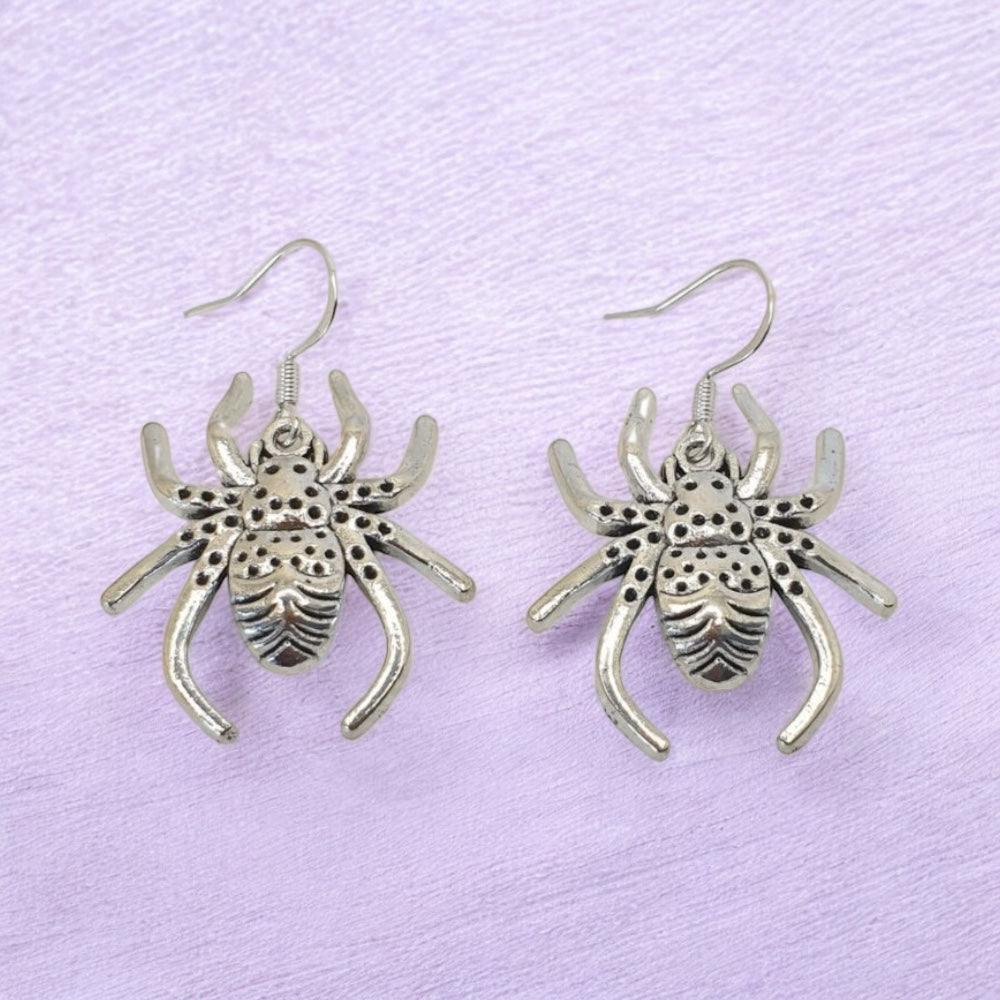 Large Silver Coloured Spider Dangly Earrings