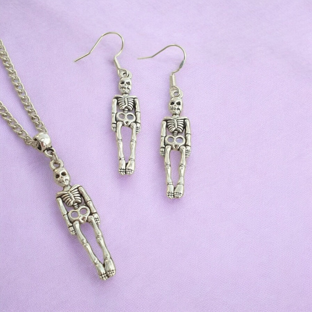 Skeleton Charm Jewellery Set, Dangly Earring And Necklace Set In Gift Bag, Cord And Chain Option, Spooky Halloween