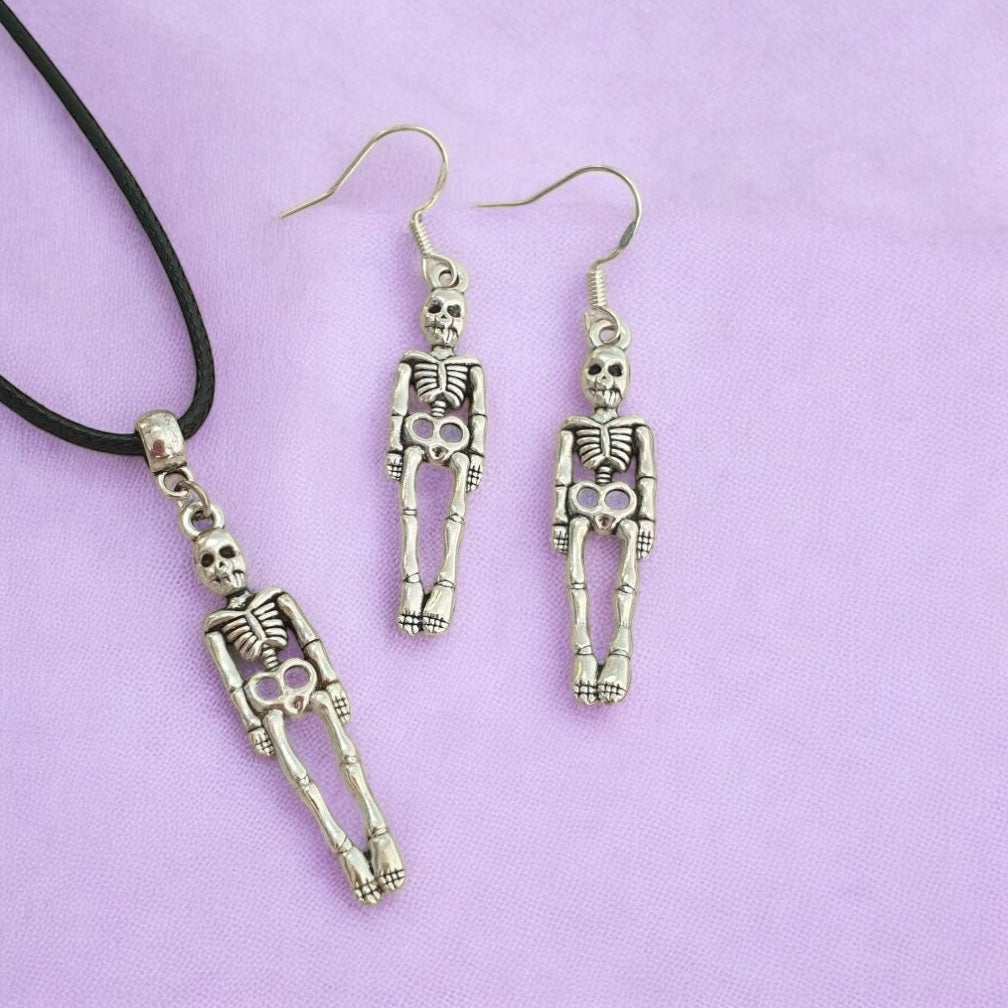 Skeleton Charm Jewellery Set, Dangly Earring And Necklace Set In Gift Bag, Cord And Chain Option, Spooky Halloween