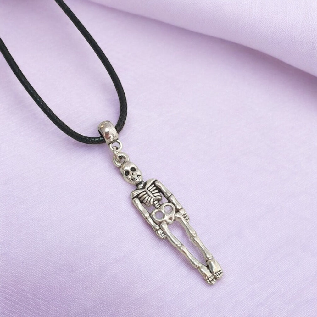 Skeleton Charm Necklace Silver Plated Or Waxed Cord Variable Lengths, Gift Packaged, Spooky Halloween Gift