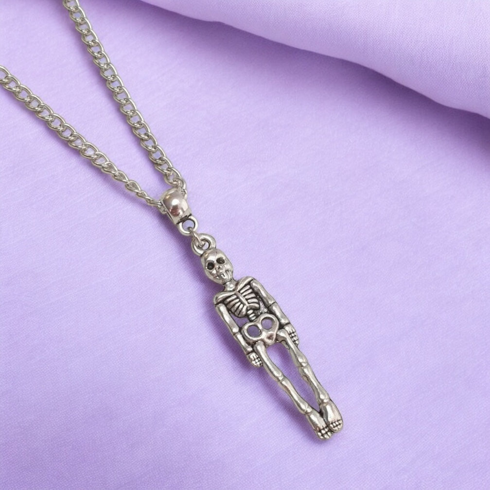 Skeleton Charm Necklace Silver Plated Or Waxed Cord Variable Lengths, Gift Packaged, Spooky Halloween Gift