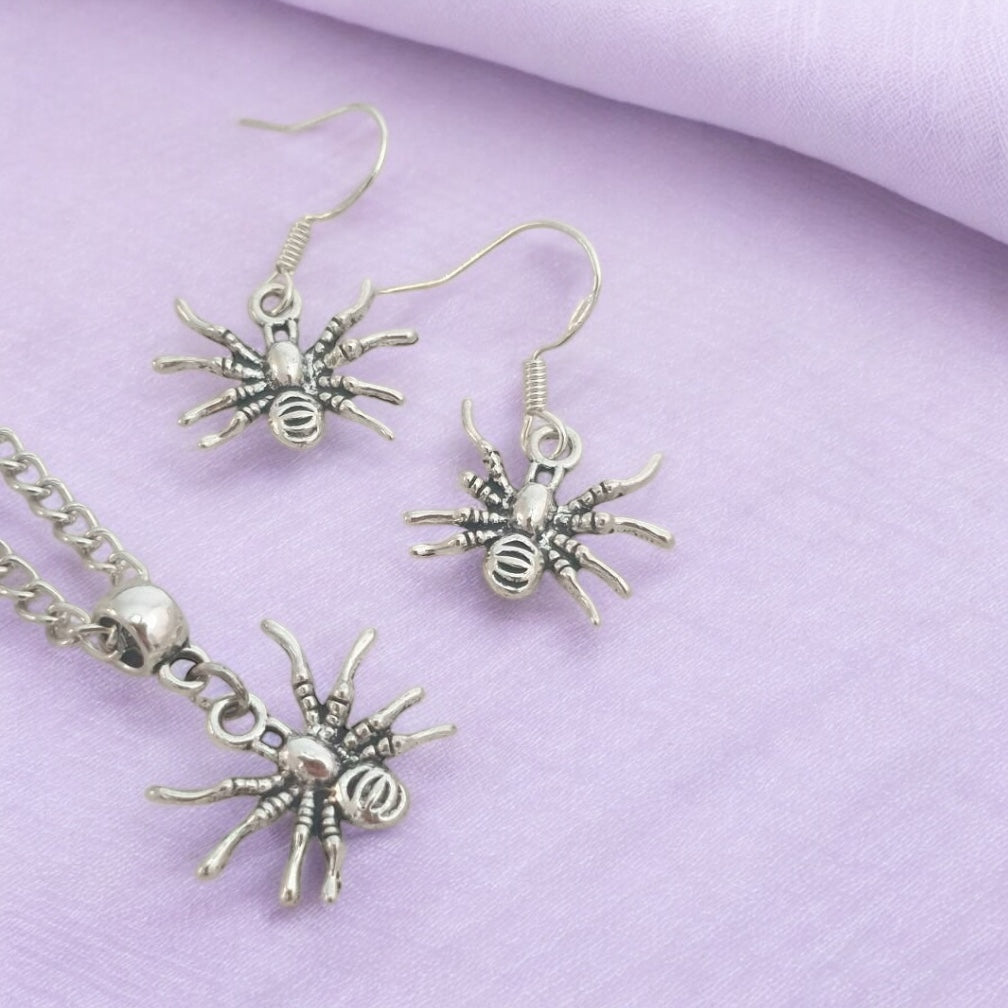 Spider Charm Jewellery Set, Dangly Earring And Necklace Set In Gift Bag, Cord And Chain Option, Spooky Halloween