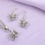 Spider Charm Jewellery Set, Dangly Earring And Necklace Set In Gift Bag, Cord And Chain Option, Spooky Halloween