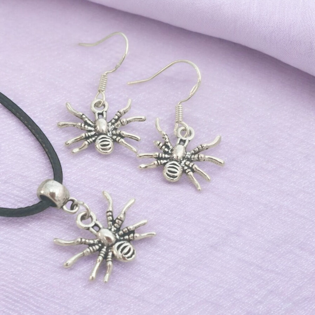 Spider Charm Jewellery Set, Dangly Earring And Necklace Set In Gift Bag, Cord And Chain Option, Spooky Halloween
